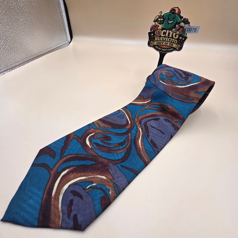Lorenzo Valentino Mens Silk Tie Abstract Swirl Teal Brown Purple Made in Italy